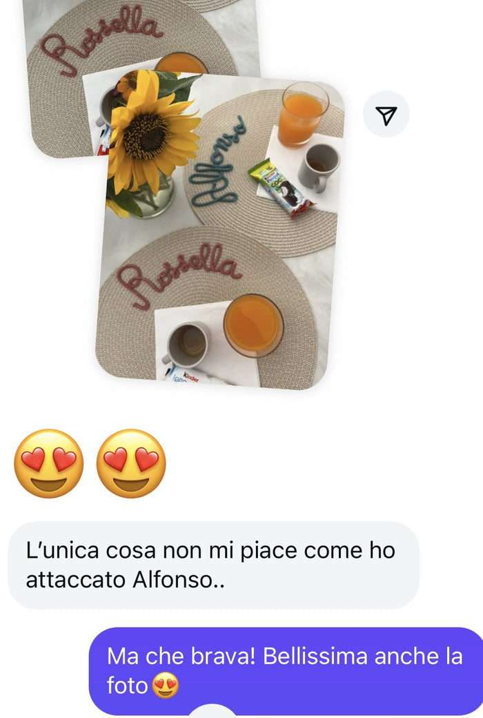 Messaggio di un'allieva con le sue tovagliette Rossella e Alfonso in cordino
