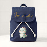 Zainetto personalizzato blu con dinosauro e nome Tommaso